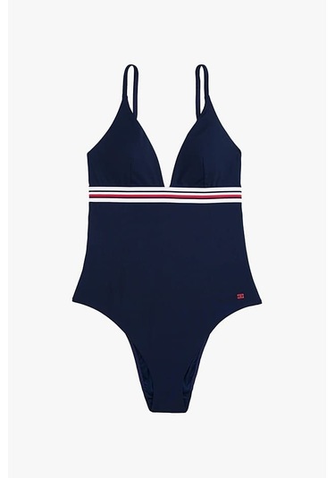 Tommy Hilfiger Kadın Th Global Stripe Derin Yaka Tek Parça Mayo - Lacivert Dark Night Navy