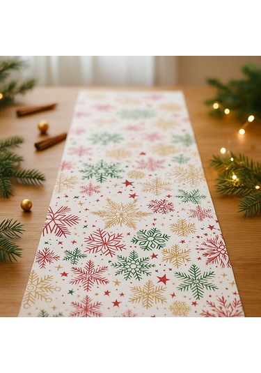 Yılbaşı Temalı Masa Runner I Krem Zeminli, Renkli Kar Tanesi Desenli 40x140 Cm Bej - Krem