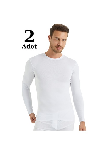 Beyaz Erkek Regular Fit Bisiklet Yaka Uzun Kollu Tişört 2'li Paket %100 Pamuk Beyaz