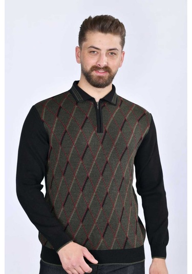 Kamalı Erkek Çelik Örgü Baklava Desenli Gömlek Yaka Fermuarlı Polo Yakalı Tüylenmez Triko Kışlık Baba Kazak Siyah