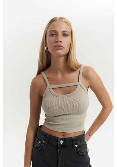 3396 - Noam Soft Haki Ön Detay Fitilli Crop Haki