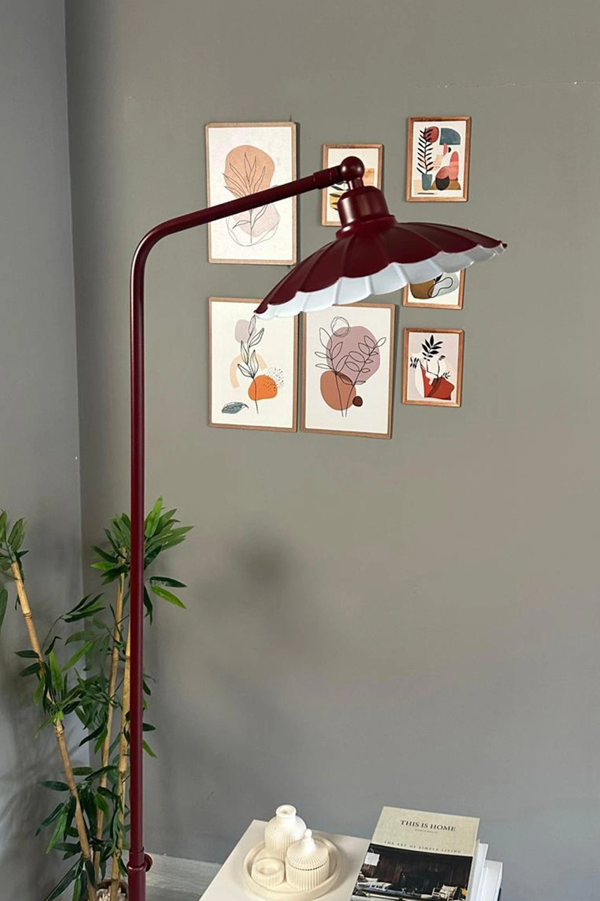 Vişne Çürüğü Lambader Düz Gövde Hareketli Başlık Metal Oturma Odası Çalışma Odası Zemin Lambası Bordo