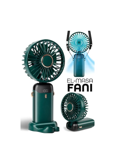 Lcd Ekranlı Şarjlı El Fanı Mini Vantilatör 5 Kademe Sessiz Boyun Askılı Yeşil Fan