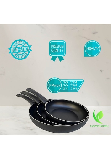 Enashop 3 Lü Tava Seti 16cm-20cm-24cm Yapışmaz Yüzey Isıya Dayanıklı Şık Ve Pratik Siyah
