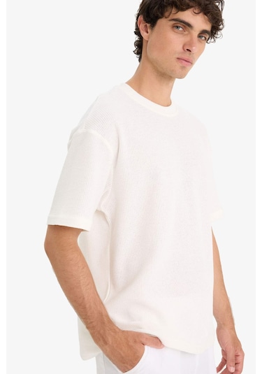 Defacto Boxy Fit Bisiklet Yaka Kısa Kollu Tişört E4838ax25auer105 Ekru