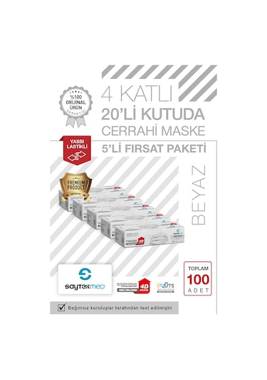 Saytekmed İki Kat Meltblown Koruması, 4 Katlı Beyaz Maske (5 Kutu/100 Adet)