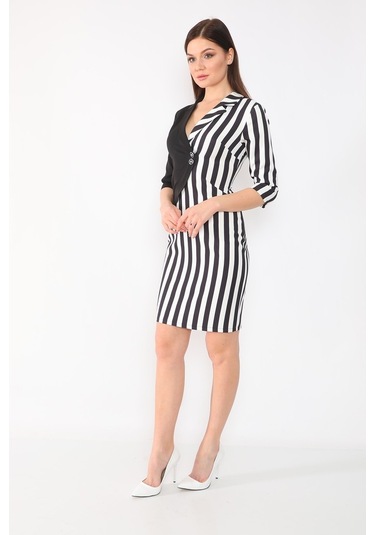 Etselements Truvakar Kol Çizgili Kruvaze Ve Düğmeli Ofis Elbisesi