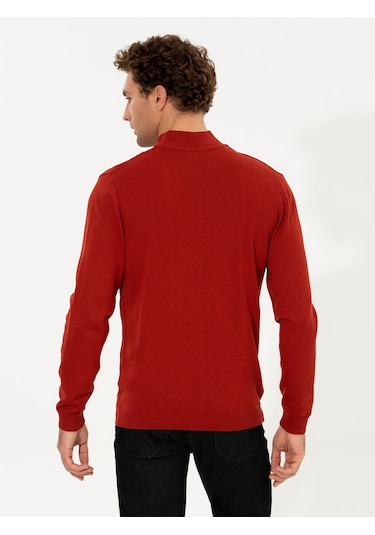 Cacharel Kiremit Slim Fit Yarım Balıkçı Triko Kazak Kırmızı