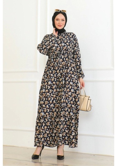 Çiçek Desenli Bağlamalı Viskon Kumaş Elbise - Lacivert Lacivert