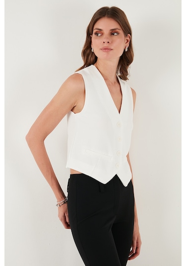 Lela Streç Fitted Fit V Yaka Düğmeli Bayan Yelek 5865971 Beyaz