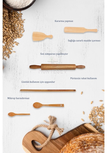 Zambak Serisi Ahşap Hamur Açma Oklavası Merdanesi Kaşık Seti 6 Lı