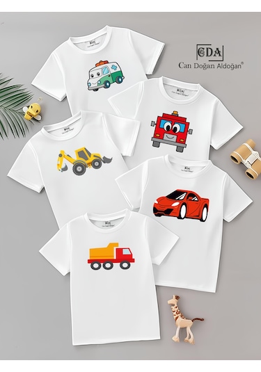 Cda Arabalar Çeşit 5li Çocuk Tshirt Beyaz