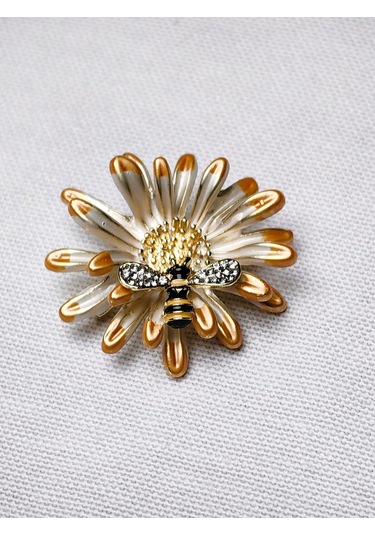 Taşlı Arı Figürlü Papatya Broş Gold Detaylı Doğal Aksesuar Gold