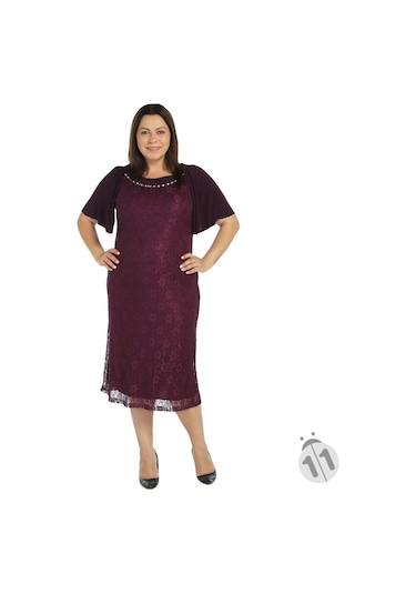 Nidya Moda Büyük Beden Sandy Kombin Dantel Elbise-4026Dym Mürdüm
