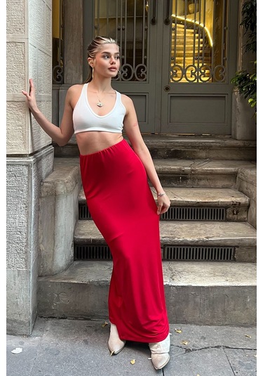 Kahverengi Maxi Basic Etek Kırmızı