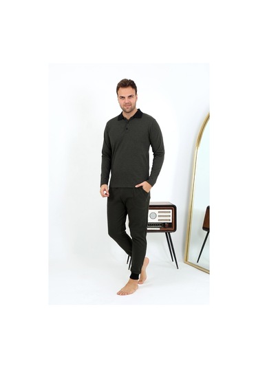 Akbeniz Erkek Polo Yaka Uzun Kol Penye Pijama Takımı 6862 Haki Haki