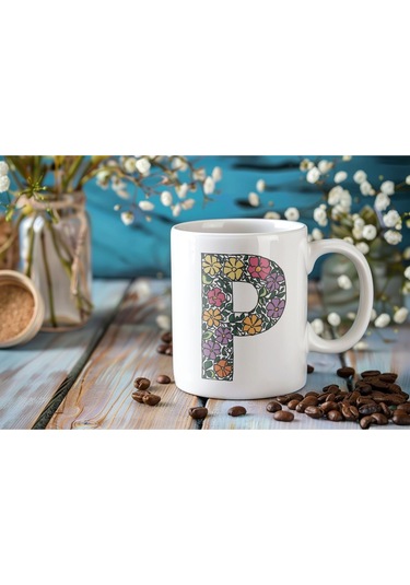 P Baş Harf Çiçek Desenleri İle Natural Tarz Kupa Bardak - Kişiye Özel Çiçekli Kahve Çay Bardak - Beyaz