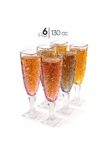 Mest 3 Renk 6'lı Cam Kahve Yanı Su Bardağı Seti 130 Cc Ayaklı Bardak 3 Renk