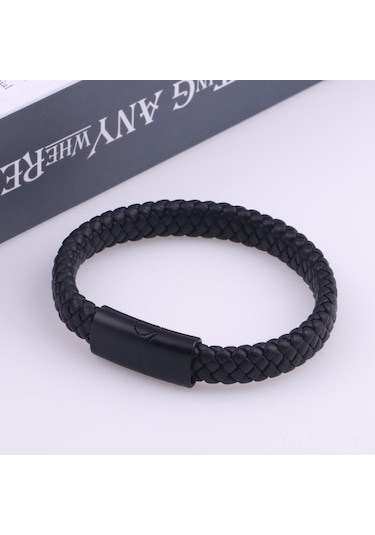 Vkemall Erkekler İçin Siyah Klasik Deri Bileklik - Magnet Kapanlı, Dayanıklı, Moda Aksesuarı Diğer