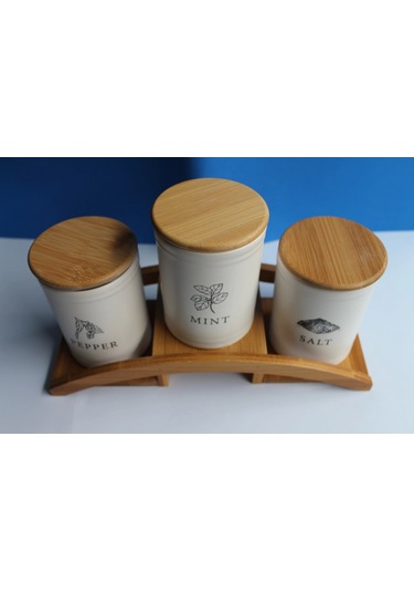 Bambu Köprü Standlı 3'lü Baharatlık Seti Beyaz