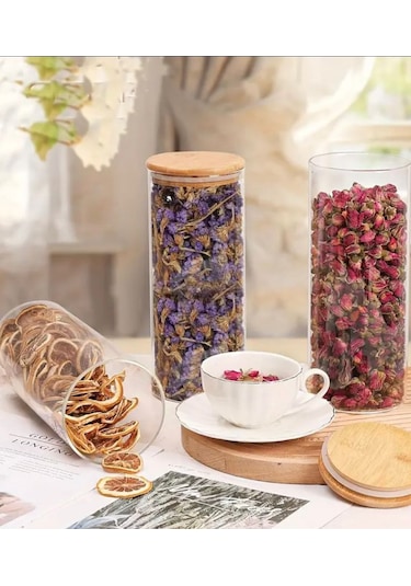 3 Adet 1300 Ml Bambu Kapaklı Yuvarlak Bakliyat Seti Kavanozu