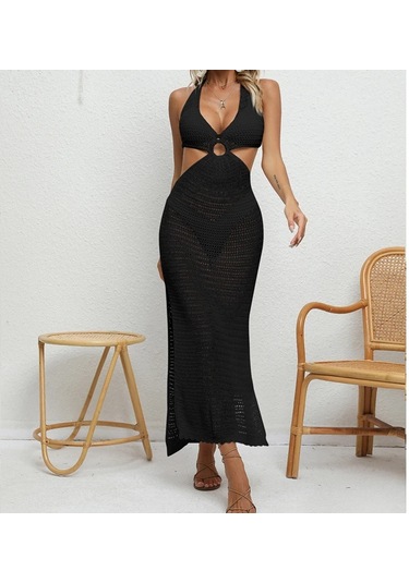 Bağlama İpli Derin V Yaka Örgü Boyundan Bağlamalı Tunik Uzun Plaj Elbisesi Siyah