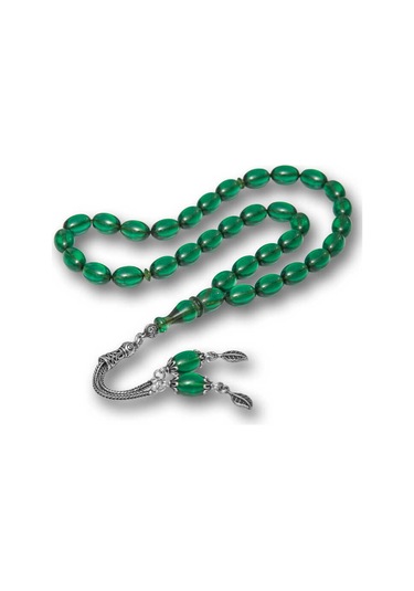 Gümüş Püsküllü Yeşil Ateş Kehribar Tesbih Sl12501 Gümüş