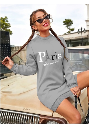 Stilaura Kadın Uzun Kollu Bisiklet Yaka Yazılı Kısa Viskon Iki Iplik Elbise Gri