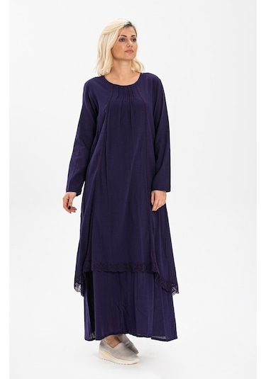 Uzun Kol Şile Bezi Nervürlü Uzun Elbise Mor
