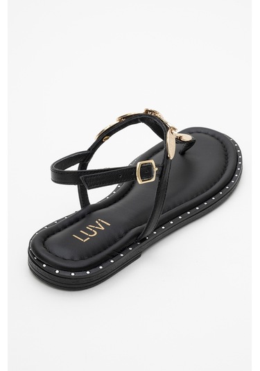 Marea Siyah Hakiki Deri Parmak Arası Gold Tokalı Kadın Sandalet Siyah