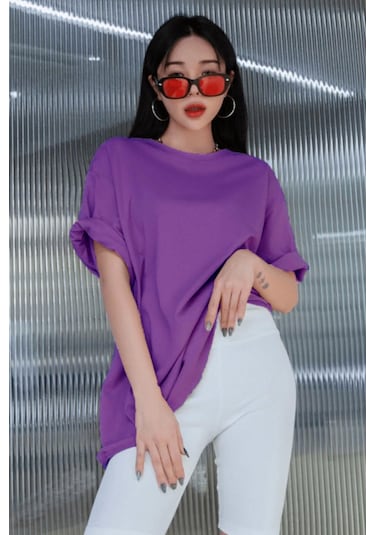 Mor Basic Düz Baskısız Oversize Salas Boyfriend Kadın T-Shirt Mor