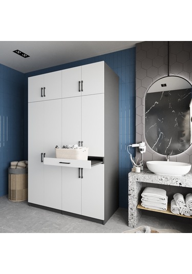 Megan Çamaşır Ve Kurutma Makinesi Dolabı Banyo Dolabı Füme Beyaz Füme Beyaz