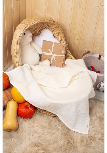 Kahverengi 2 Katlı Müslin Örtü Seti 2 Li 75x75 CM Krem