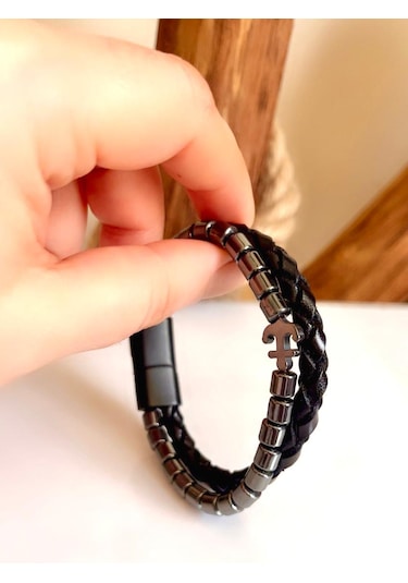 Çıpa Figürlü Hematit Doğaltaş&%100 Deri Siyah Erkek Bileklik 21cm Siyah