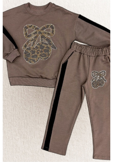 Kız Çocuk Taş İşlemeli Kiraz Ve Fiyonk Desenli-2 İplik-alt-üst Takım-5-12 Yaş 12445 Kahverengi