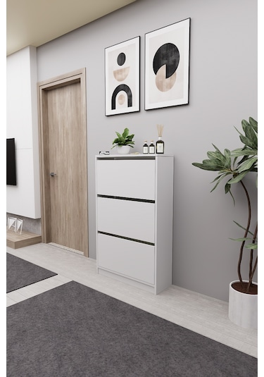 Mirobi Kembe 3 Bölmeli Açılır Modern Dekoratif Ayakkabılık Beyaz Beyaz