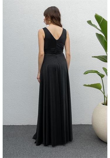 Neşeli Butik Kadın Siyah Drapeli Tül Abiye Elbise Nb2030 Siyah