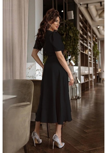 Emh Store Kadın Kruvaze Yaka Midi Boy Kuşaklı Krep Elbise 120 Cm Siyah