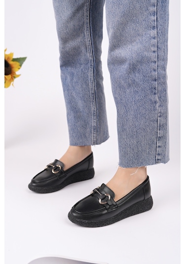 Muggo Polara Kalın Taban Toka Detaylı Kadın Günlük Loafer Ayakkabı Siyah Muggo Polara Kalın Taban Toka Detaylı Kadın Günlük Loafer Ayakkabı Siyah