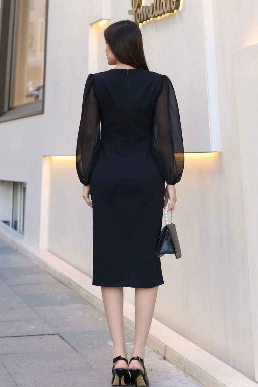 V Yaka Şifon Kollu Yırtmaçlı Midi Elbise 6015-siyah Siyah