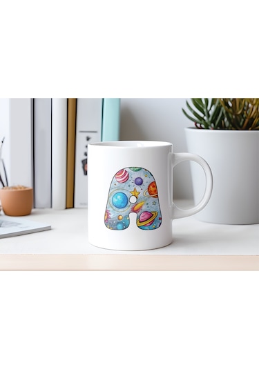 A Baş Harf Gezegen Desenli Kupa Bardak - Kişiye Özel Evren Temalı Kahve Çay Kupası - Gökyüzü Beyaz