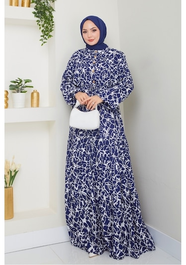 Sevil Yarım Düğmeli Dokuma Viskon Elbise 1504 - Lacivert Lacivert