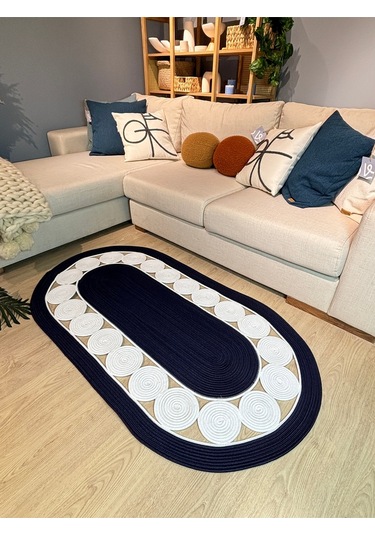 Cookie Jüt Hasırlı El Örgüsü Kilim Lacivert - Beyaz