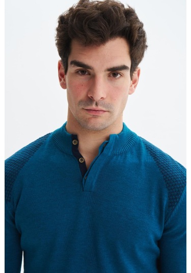 Arma Erkek Slim Fit Likralı Akrilik Kumaş Yarım Yaka Triko Kazak K0kro0864 Mavi
