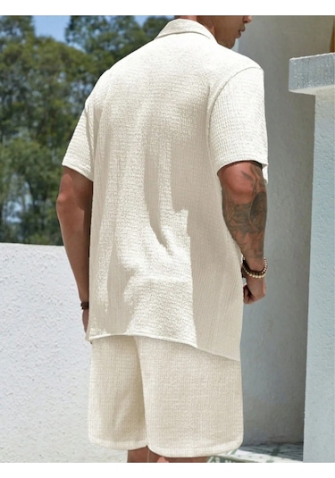 Alaçatı Stili, Erkek, Bürümcük, Krinkıl Kumaş, Yazlık Likralı Gömlek, Ve Şort Jogger Takım, Kombini Beyaz - Gri