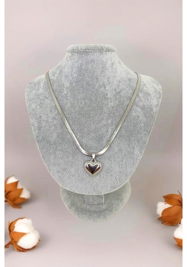 Gümüş Renkli İtalyan Ezme Zincirli Kalp Çelik Kolye Gümüş