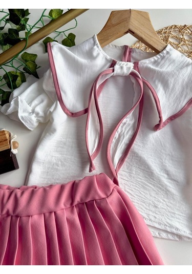Yazlık Kısa Kollu Bluz Pileli Etek Kız Çocuk Takım Pembe