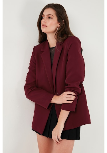 Lela Standart Fit Mono Yaka Desenli Astar Detaylı Blazer Bayan Ceket 6524003 Bordo