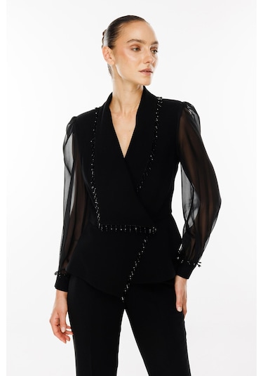 Moda İlgi Kadın Boncuk Detaylı Kısa Ceket T07527 Siyah Siyah