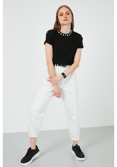 Lela Yakası Baskılı Bisiklet Yaka Basic Örme Bayan T Shirt 5864054 Siyah